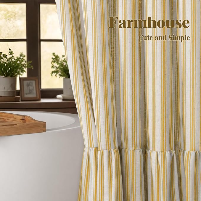 Farmhouse Shower Curtain with Ruffle Hem Linen Shower Curtains for Bathroom Country Vintage Rustic Natural Fabric, Cream-Yellow Stripe 72" W x 72" L