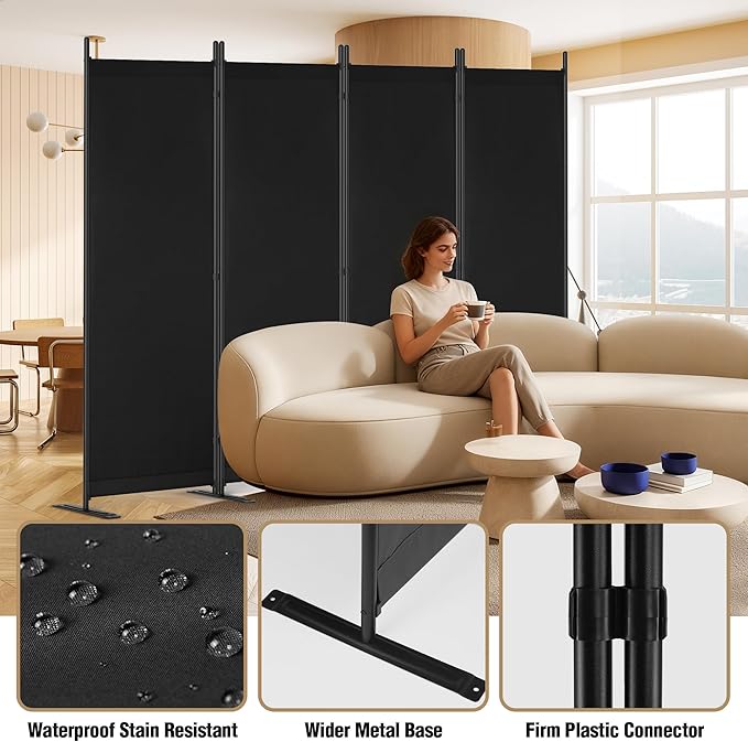 Room Divider 6FT Tall Folding Privacy Partition Screen, 88'' W Portable Wall Divider for Room Separation, Freestanding 4 Panel Room Divider Panel Privacy Screen for Dorm Studio Office, Black