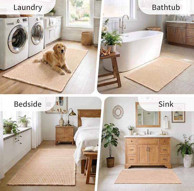ILANGO Upgraded Waffle Bath Mat,Super Absorbent Boho Non Slip Bathroom Rugs Quick Dry,Ultra Soft Machine Washable Mats with Tassels for Floor,24x36,Beige
