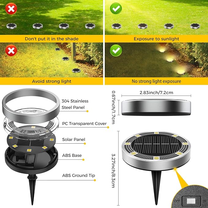 16 Pack Solar Ground Lights Outdoor, 8 LED Mini Flat Solar Disc Lights, IP65 Waterproof Pathway Lights Solar Powered, Landscape Lighting for Garden Walkway Driveway Yard Lawn,Warm White