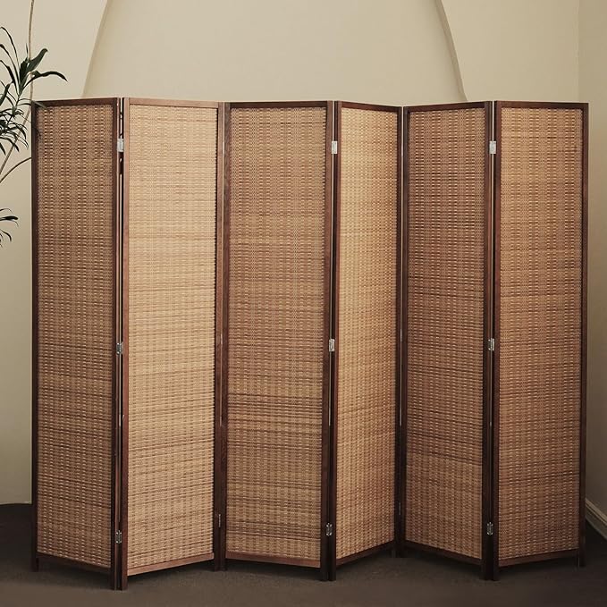 Furnnylane 6 Panel Bamboo Room Divider - 5.6 ft Tall Folding Privacy Screen for Room Separation, Natural Brown Freestanding Partition Wall for Home Office (67" H x 92.1" W)