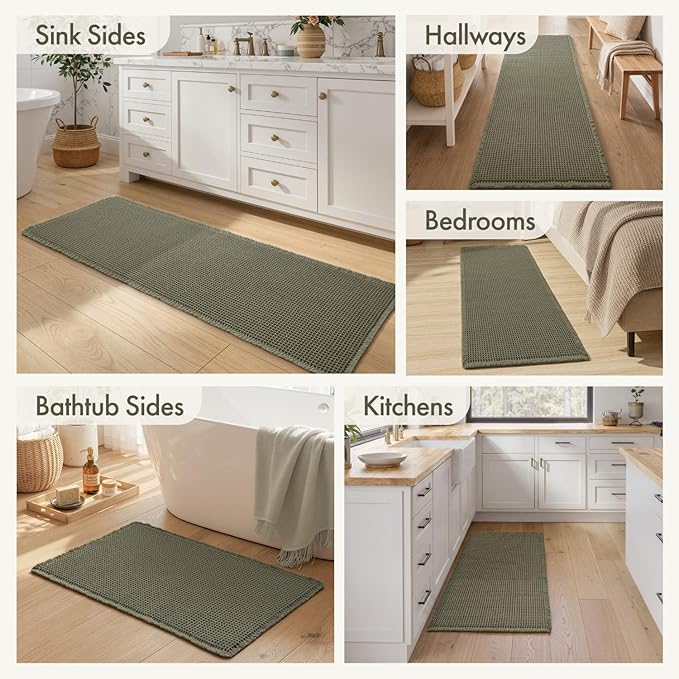 MIULEE Waffle Bathroom Rugs, Super Absorbent Non Slip Bath Rug, Upgraded Soft Quick Dry Washable Boho Bath Mat with Tassels for Bathroom Floor, 24"x36", Green