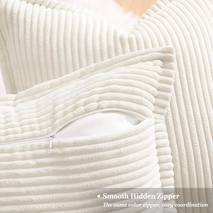 decorUhome Summer Corduroy Pure White Euro Sham Throw Pillow Covers 26x26 Set of 2 Decorative Soft Boho Farmhouse Couch Pillow Covers for Living Room Bed Sofa Broadside Striped Pillow Cases