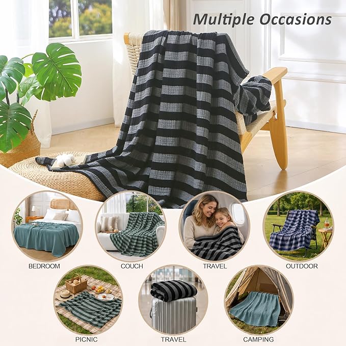 EMME Cotton Muslin Queen Blanket Bed Layering Bedspread Coverlet Breathable Gauze Soft Lightweight Adults (Striped Black, 90"x90")