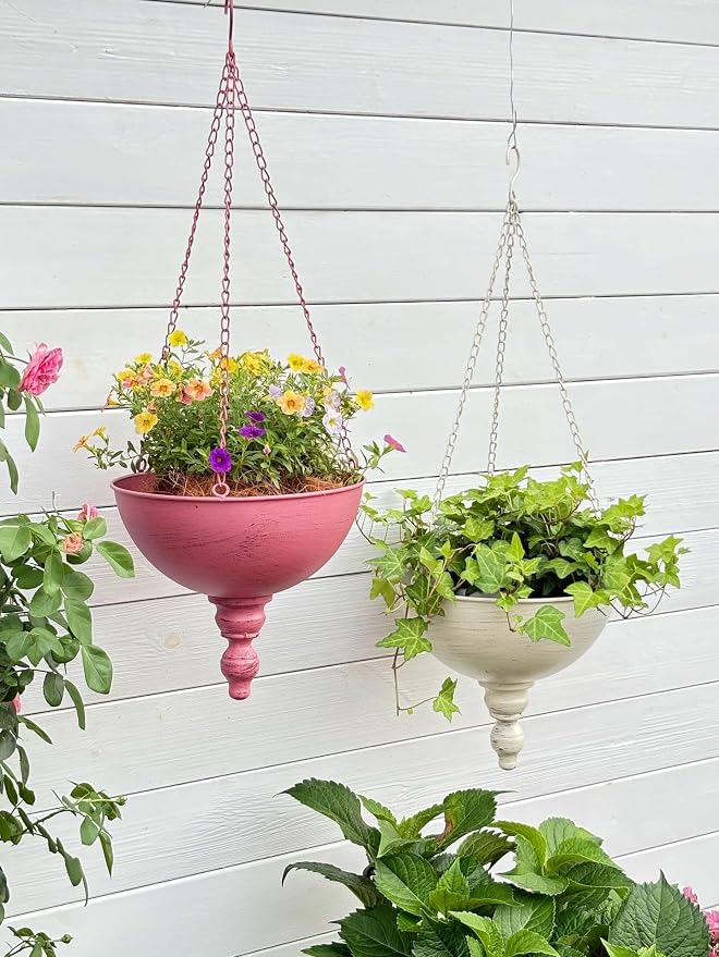 Vintage Metal Hanging Basket Planter with Bird Ornament,10 Inch Large Hanging Planter for Indoor Outdoor Home Garden Decor (Pink)