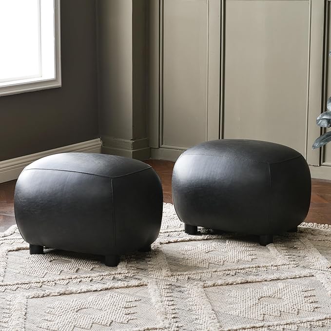 KINWELL 23" Wide Faux Leather Upholstered Ottoman Set of 2, Mid-Century Modern Living Room Footrest with Soft Padded Seat, Footstool for Bedroom, Entryway or Living Room, Black