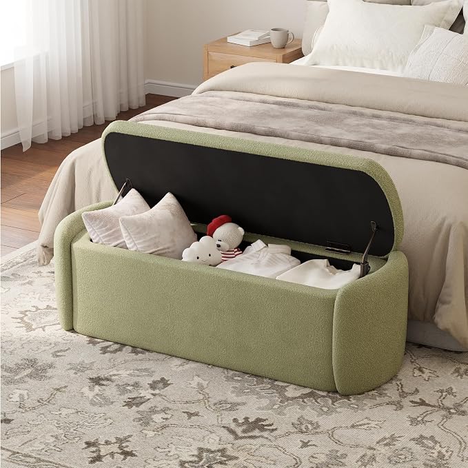 VKNOW 51" Storage Ottoman Bench, Upholstered End of Bed Bench with Smooth Hinges, Oval Large Ottoman Bench for Bedroom, Living Room and Hallway Entryway, Light Green