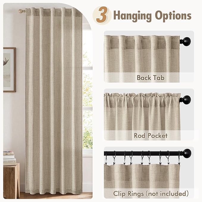 MIULEE Faux Linen Curtains 84 Inch Length 2 Panels Natural Burlywood Birch Semi Sheer Curtain with Back Tab Rod Pocket, Light Filtering Window Privacy Burlap Drapes for Living Room Bedroom 42W x 84L