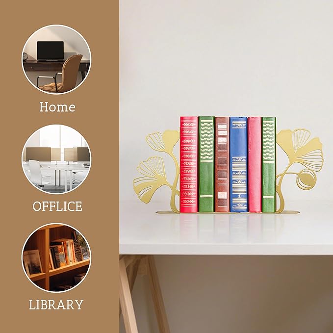 Gold Bookends – Unique Decorative Book Ends with Ginkgo Leaf Design, Cute Bookends for Shelves, Desks, or Libraries for Book Lovers