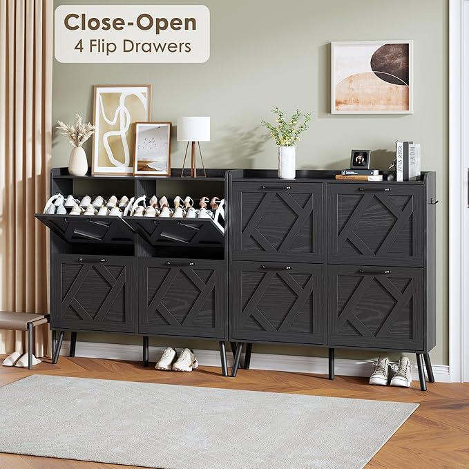 Nicetree Shoe Cabinet with 4 Flip Drawers, Hidden Shoe Rack Cabinet with Metal Legs, Farmhouse Narrow Shoe Storage Cabinet for Entryway, Foyer, Hallway, Black with Hook