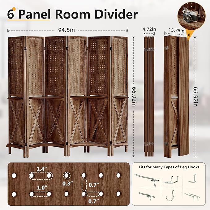 6 Panel Pegboard Display with 24 Hooks, Wooden Pegboard Room Divider Wall with Shelf, Rustic Room Dividers and Folding Privacy Screens, Bedroom, Jewelry Store, Brown