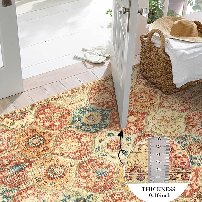 Lahome Moroccan Trellis Washable Round Area Rug, Soft Round Rugs 6ft Ultra-Thin Non-Slip, Vintage Large Circle Carpet for Bedroom Living Room Kitchen Nursery Elise, Red/Orange