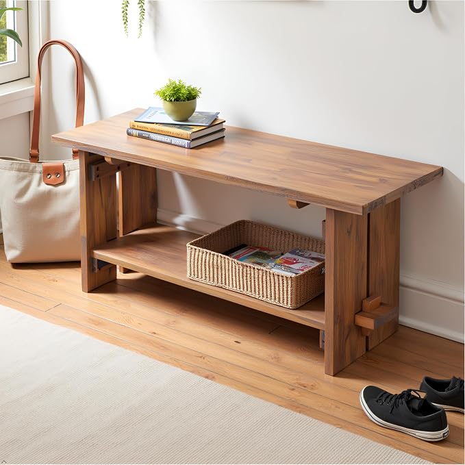 Alaterre Furniture Bethel Entryway Bench with Storage Shelf – Rustic Farmhouse 40-Inch Solid Acacia Wood Seat for Mudroom, Foyer or Hallway (Natural Aged Brown)