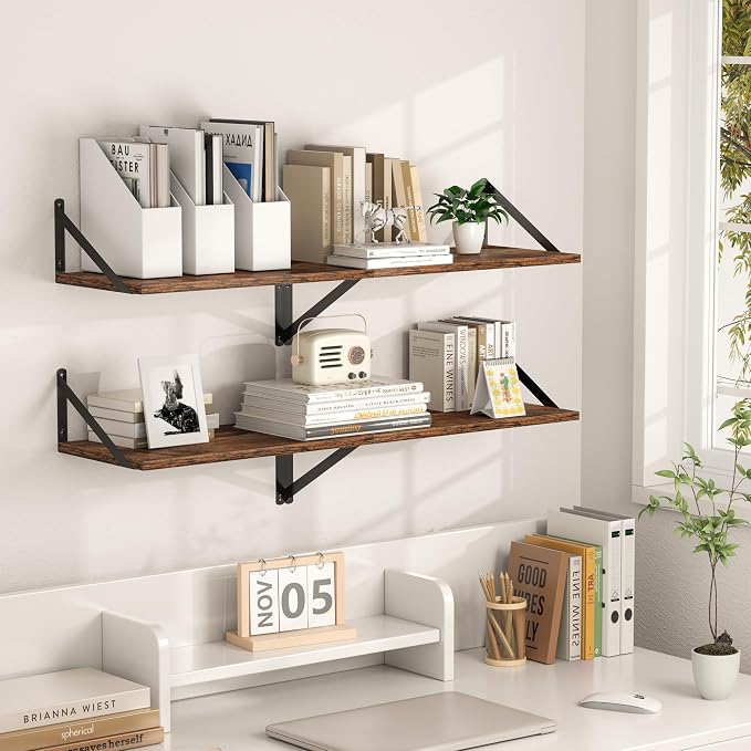 Heimlove Deep Floating Shelves for Wall, 44W x 12D Wood Wall Shelves Set of 2, Wide Floating Bookshelf for Living Room, Kitchen, Office, Bedroom and Decor Storage, with Metal Bracket - Rustic Brown