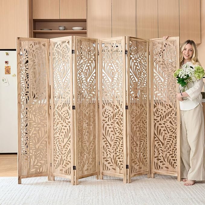 Leaf-Carved Room Divider Privacy Screen - 67 Inch Tall Foading Decorative Wood Screen Dividers Panel for Home - Natural Wood Room Partitions for Enhanced Privacy and Style Natural 6 Paned