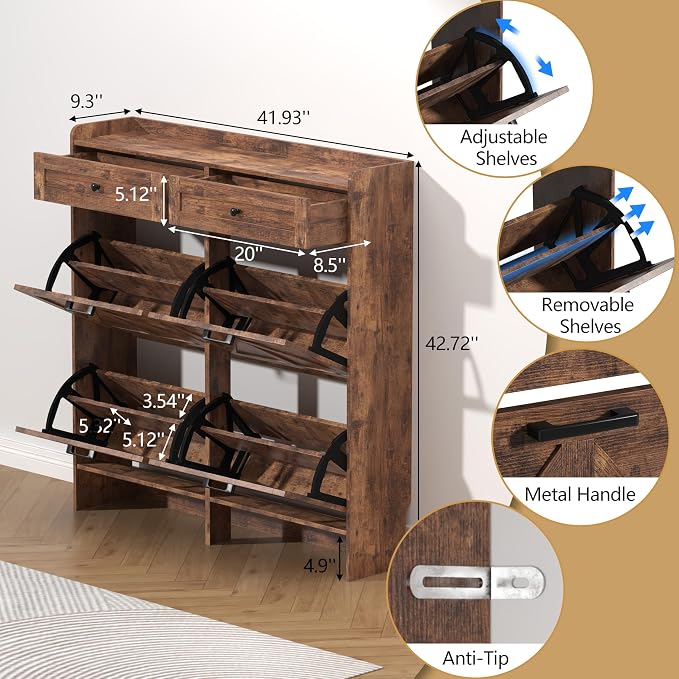 Thacuok Shoe Cabinet with 4 Flip Drawers & 2 Storage Drawers, Rustic Farmhouse Narrow Shoe Organizer Cabinet, Slim Shoe Rack Cabinet, Shoe Storage Cabinet for Entryway, Hallway, Front Door