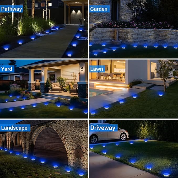 Peasur Mini Solar Ground Lights Outdoor, 8 Pack Flat Solar Powered Disc Lights, IP68 Waterproof, Anti-Rust, Landscape Lighting for Pathway Garden Yard Lawn Walkway Landscape Driveway, Blue