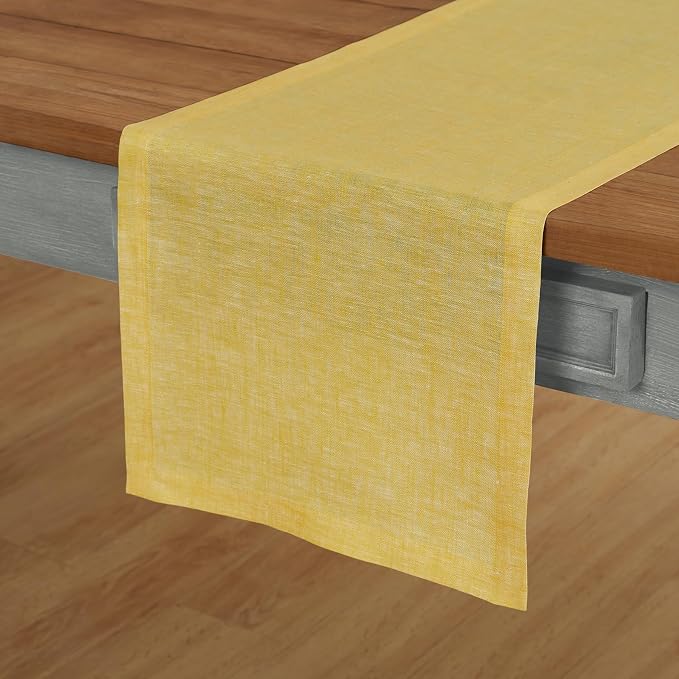 Solino Home Linen Table Runner 132 Inches Long - Athena, 100% Pure Linen Chambray Lemon Yellow Table Runner 14 x 132 Inch for Dining, Summer