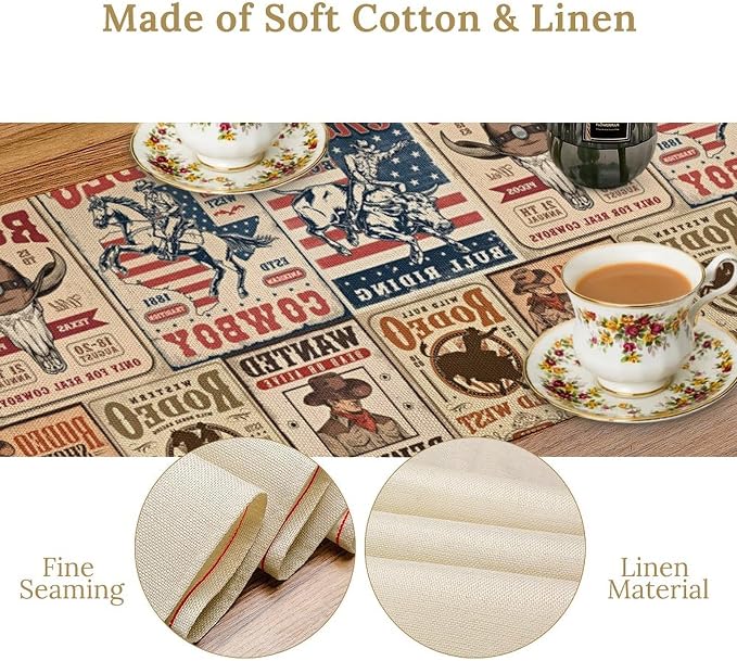 Vintage Cowboy Table Runner, Retro Western Rodeo Poster Home Decor Table Runner for Kitchen Dining Cafe Party, 13x70 Inch