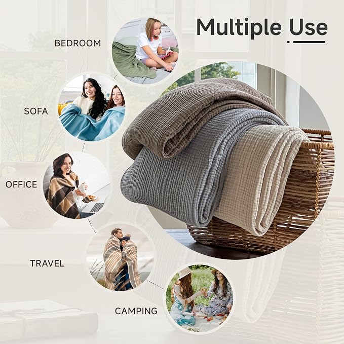 Simple&Opulence 100% Cotton Muslin Blanket, Lightweight Breathable 4 Layering Soft Cotton Throw Blanket,Gauze Blanket for Bed Couch Camping All-Season Use (Grey, 50"x60")