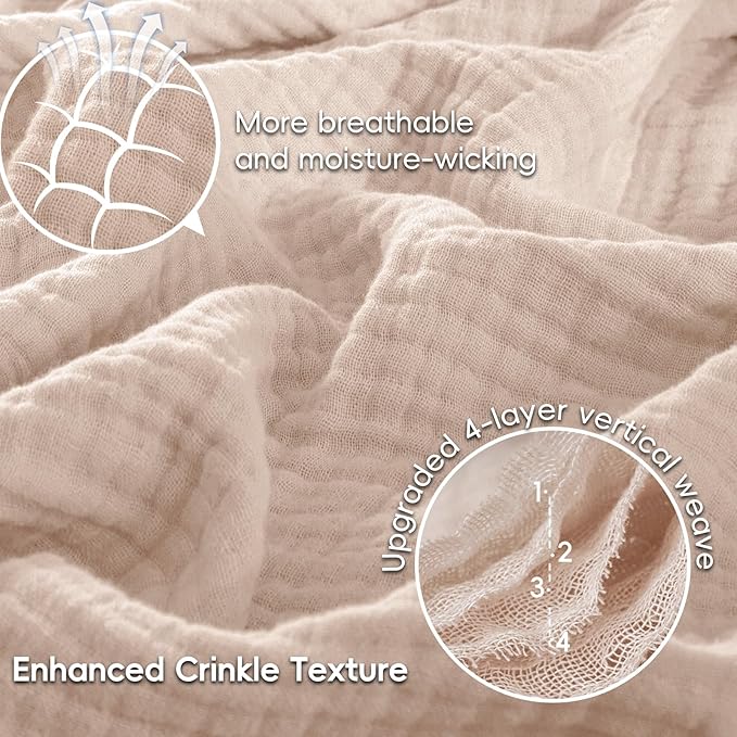 PHF 100% Cotton Muslin Throw Blanket 50" x 60", 4-Layer Lightweight Gauze Throw, Breathable Cloud-Soft Minimalist Blanket for Bed, Couch, Camping, Dusty Pink, Ideal Gift