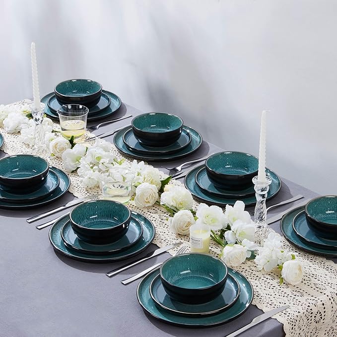 LIANYU 24 Piece Dinnerware Sets for 8, Modern Stoneware Plates and Bowls, Ceramic Round Dinner Dinning Ware Set, Dishwasher and Microwave Safe Dishes Set for Family Dinner, Pastel Turquoise