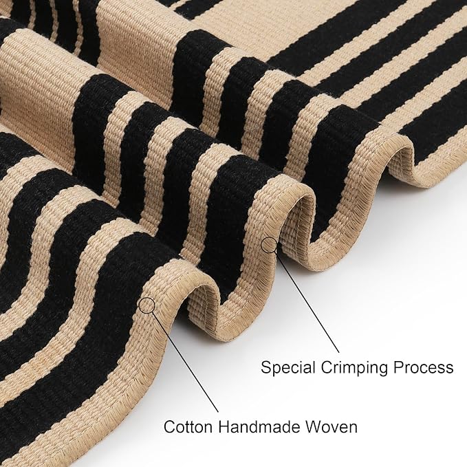Striped Outdoor Front Door Mat 24"x51", Cotton Hand Woven Washable Black and Khaki Rug Runner, Reversible Foldable Indoor Layered Front Door Rugs for Entryway/Farmhouse/Home Entrance