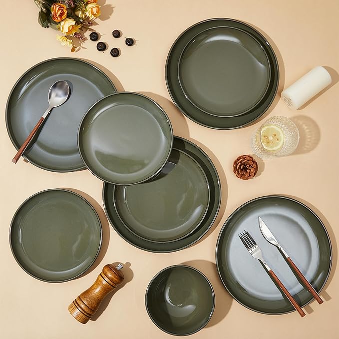 Pokini 18 Piece Dinnerware Set for 6, Reactive Glaze Terracotta Plates and Bowls Set, Large Family-Sized Stoneware Dish Set for Gatherings, Chip and Scratch Resistant, Blackish Green