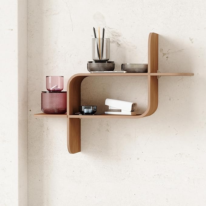 Umbra Montage Floating Wall Shelf Display Case, Made of Natural Bent Wood, Light Walnut