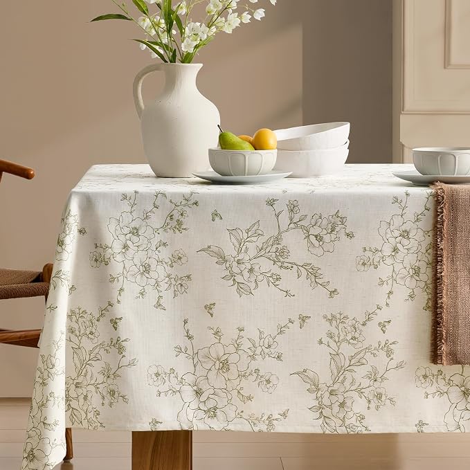 Linen Floral Rectangle Tablecloth Farmhouse Vintage French Rustic Tablecloths Green Flowers Pattern Burlap Textured Outdoor Table Cover for Picnic,Dining,Party,Home Decor 55x120 Inch