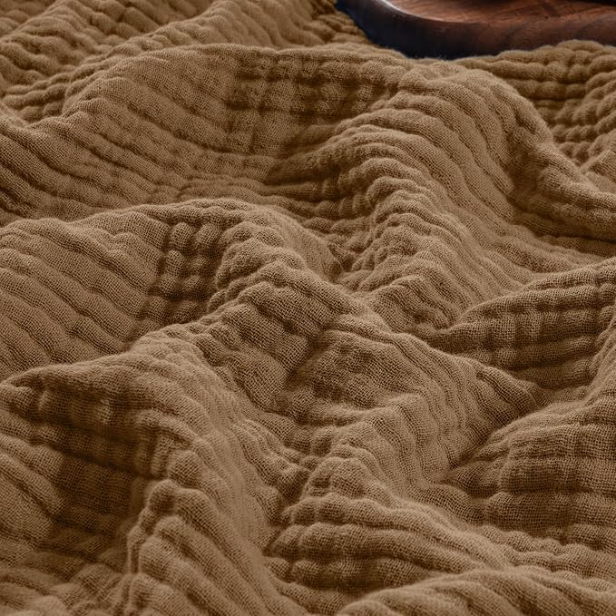 PHF 100% Cotton Muslin Throw XL Blanket Large 50" x 70", 4-Layer Lightweight Gauze Throw, Breathable Cloud-Soft Minimalist Blanket for Bed, Couch, Camping, Coco Brown, Ideal Gift