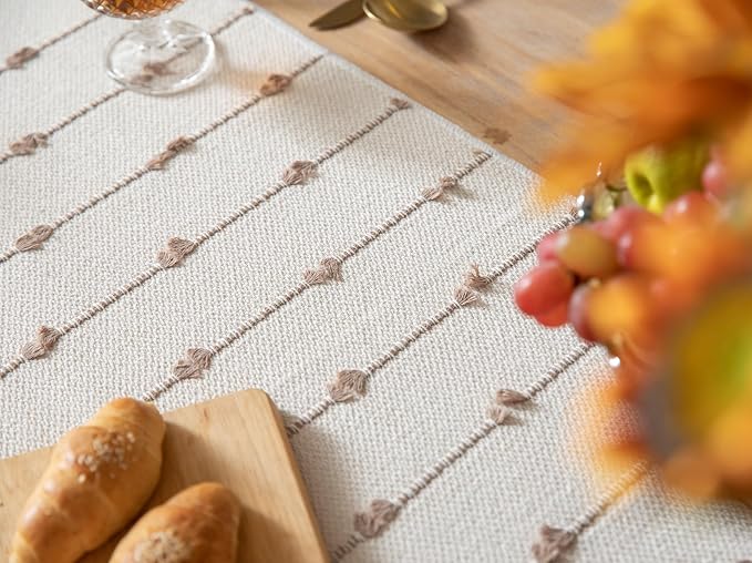 Caflife Boho Table Runner 72 Inchs Long for Modern Farmhouse Room Home Decor, Taupe and Beige Coffee Table Runner, Natural Cotton Woven with Tassels Neutral, for Kitchen Dining Table Decor