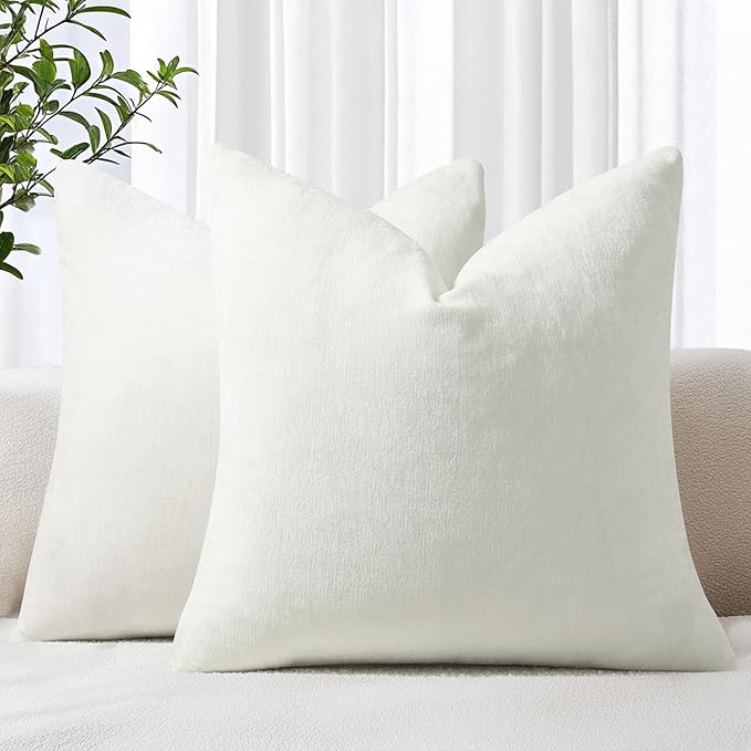 decorUhome Chenille Cream White Throw Pillow Covers 16x16 Inch Set of 2, Decorative Soft Couch Pillow Covers Solid Dyed Accent Farmhouse Neutral Square Pillow Cases for Sofa