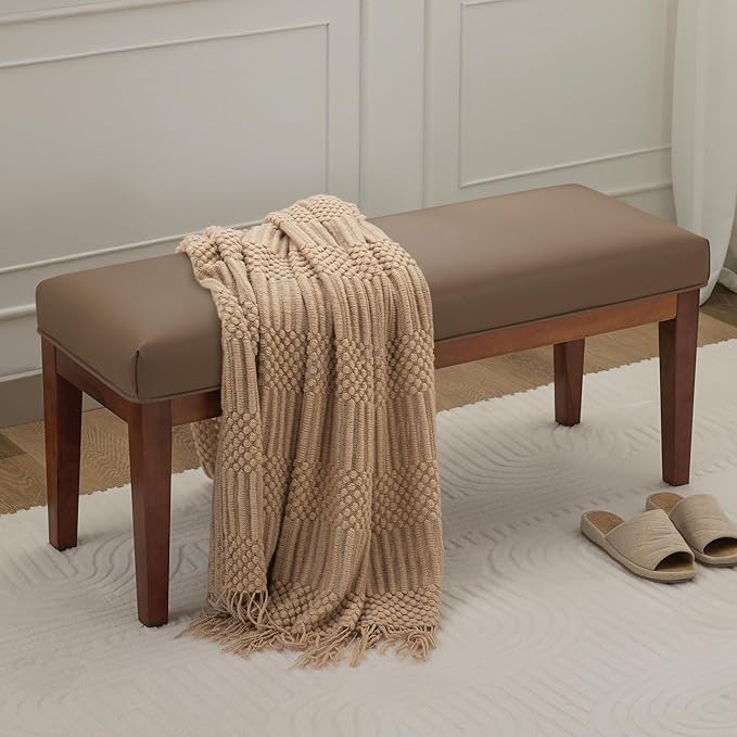 WUTUTUEE 43.5'' Faux Leather Bedroom Bench, Upholstered End of Bed Bench, Padded Vintage Dining Bench, Entryway Bench with Solid Wood Legs, Kitchen, Living Room, Hallway, Brown