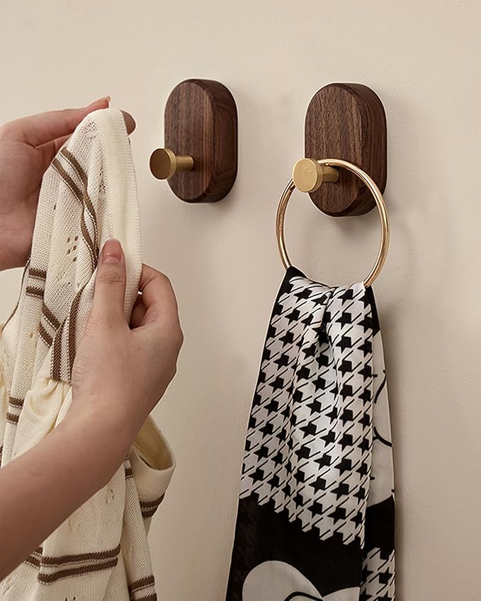 Wood Coat Hooks Wall Mount - Modern Walnut Coat Hook with Bronze Accent for Hanging Clothes,Keys,Purse,Robes,Towel,Backpacks, Single Brass Wall Hooks Heavy Duty for Entryway, Closet, Bathroom (2 Pack)