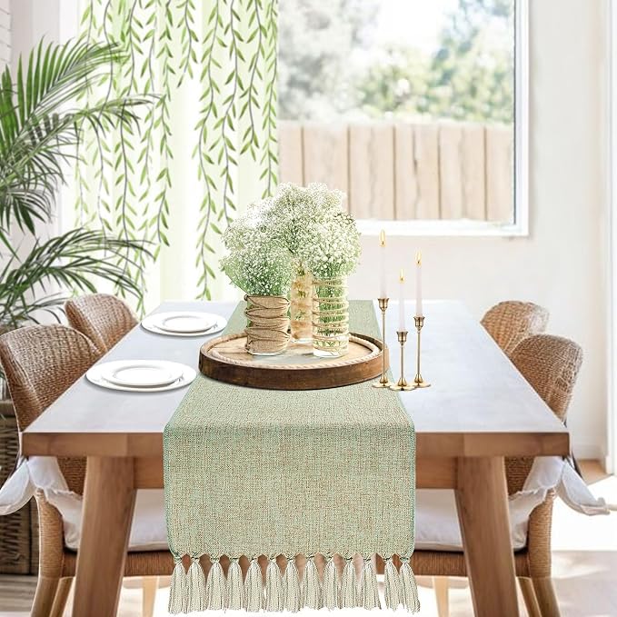 yuboo Sage Green Table Runner 48 Inches - Boho Farmhouse Coffee Table Runner for Living Room, Summer Macrame Runner for Round Table & TV Stand