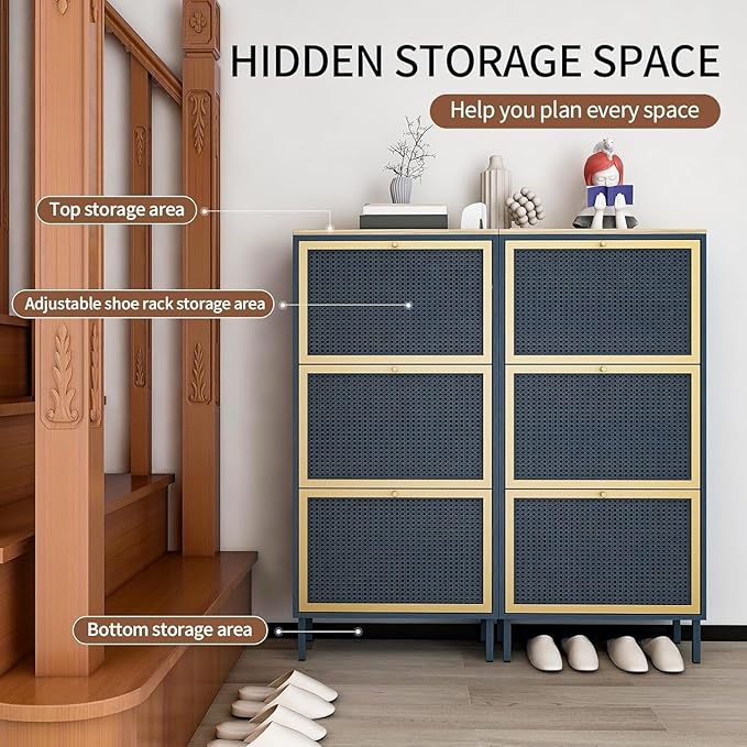 Shoe Storage Cabinet for Entryway - Shoe Cabinet Organizer with Metal Rattan 3 Flip Drawer,Wood Free Standing Rack, Hidden Slim Shoe Cabinet for Hallway, Living Room, Bathroom (Blue)