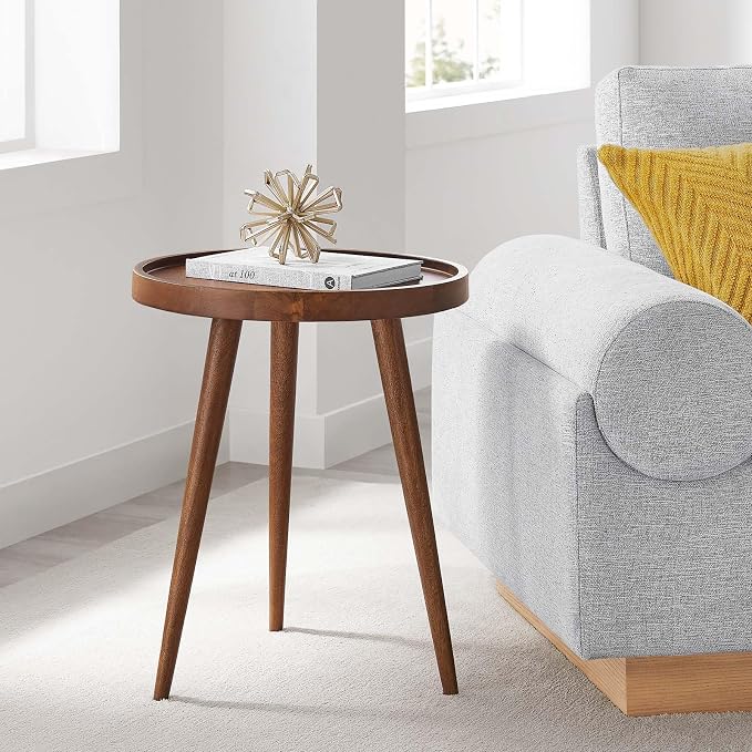 Modway Chiro Solid Wood Side Table in Walnut with Tray Top - Mid-Century Modern Round Accent Table - Small Bedside Table with Tapered Legs - Living Room End Table
