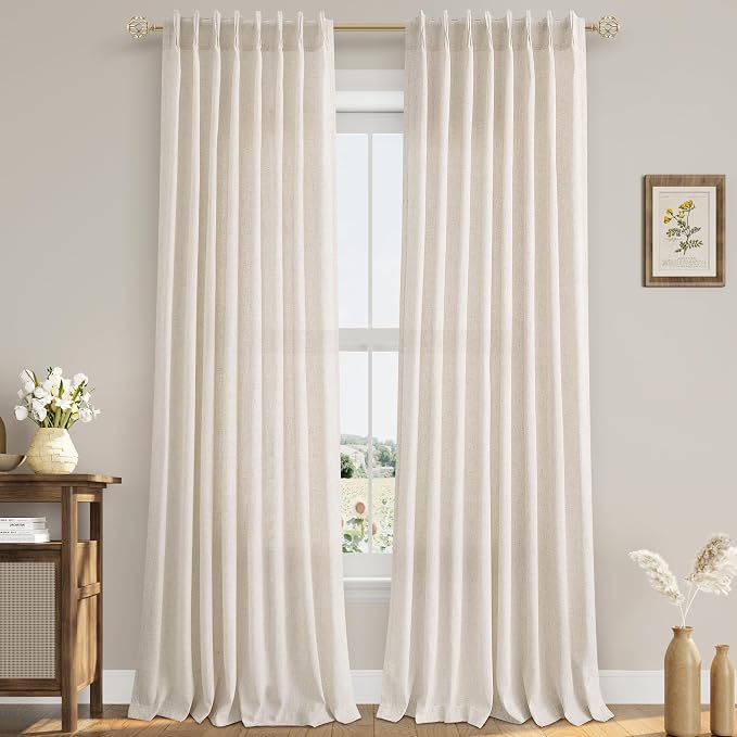Aersas Natural Pinch Pleat Linen Curtains 92 Inch Length 2 Panels Set for Bedroom Dining Room Semi Sheer Linen Boho Farmhouse Neutral Window Curtains 92 Inches Long for Living Room Nursery 50x92