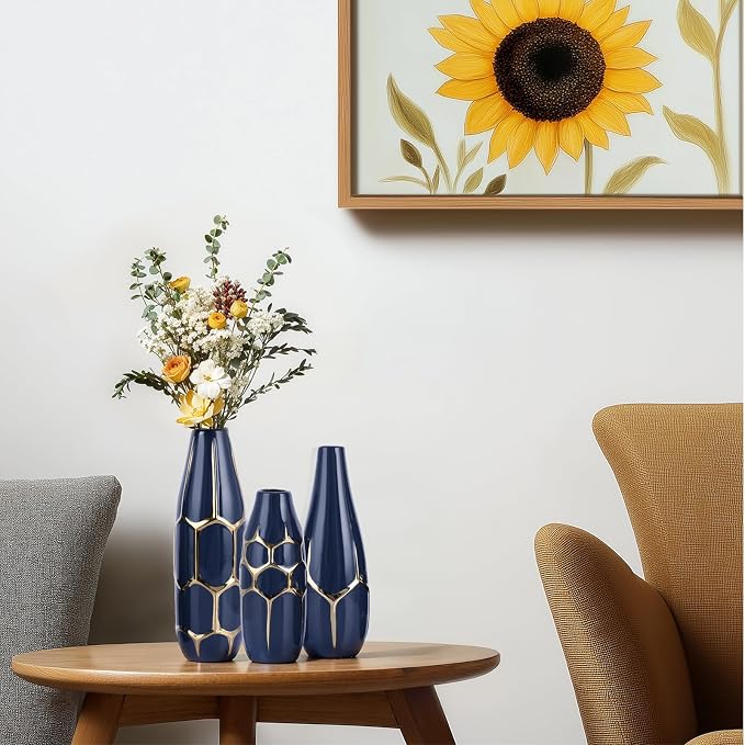 Ceramic Vase Set of 3, Modern Vases for Home Decor, Blue and Gold Color Suitable for Living Room, Kitchen, Bedroom, Bathroom, entryway Mantelpiece, Living Room TV Stand Decoration.