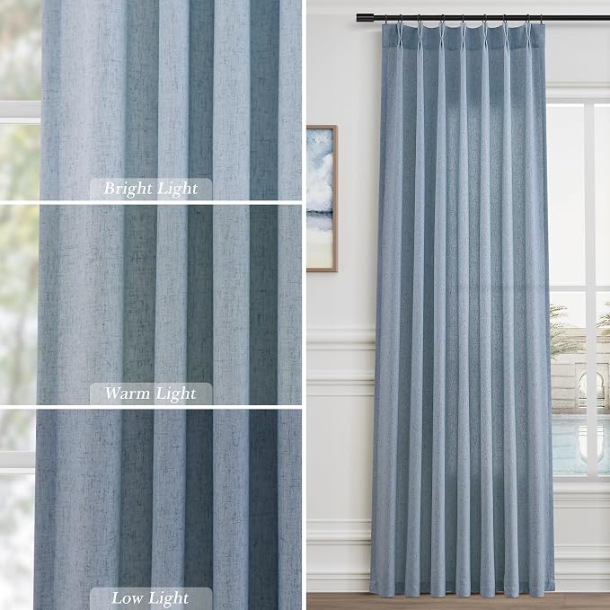 Aersas Stone Blue Extra Long Pinch Pleat Linen Curtains 112 Inches Long 2 Panels for Living Room Bedroom Light Filtering Back Tab Pleated Drapes 112 Inch Length Semi Sheer Ceiling Floor Curtain