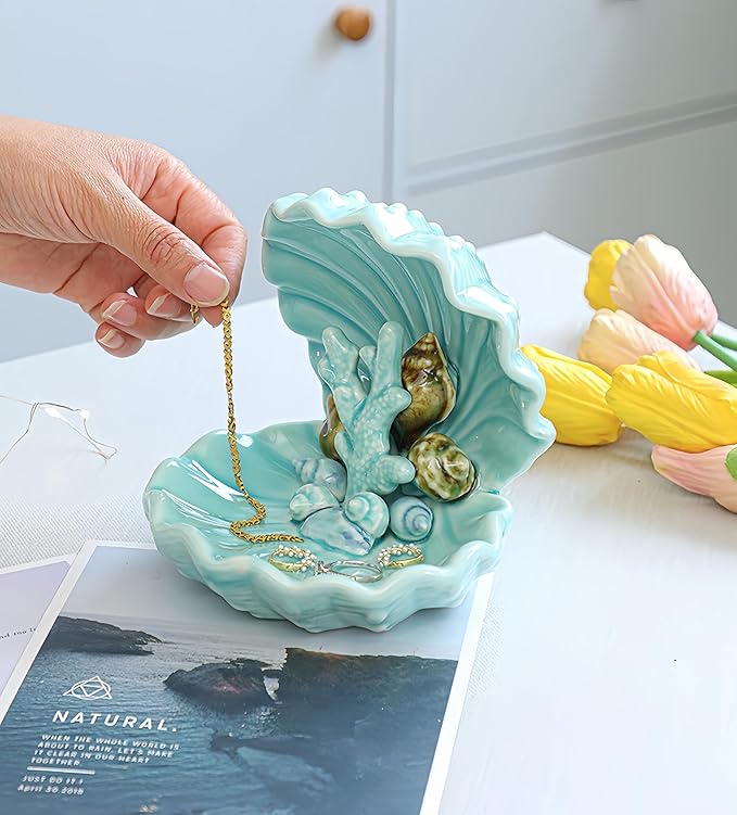 FENGSHUI-CAISHEN Conch Shape Shell Jewelry Holder Dish, Ceramic Jewelry Tray Dish, Ocean-Themed Decorative Ring Holder Trinket Dish, Conch Antique Trinket Dish Vintage Jewelry Tray (Cyan)