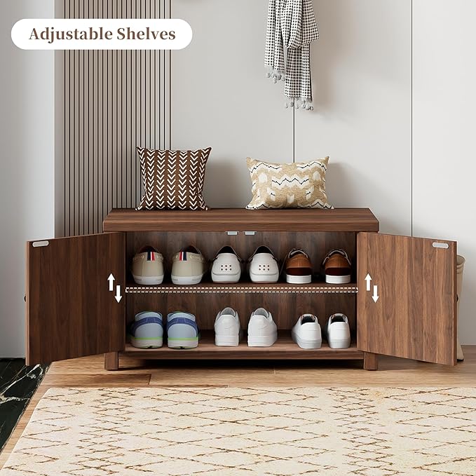 Fluted Storage Bench with Storage, Small Entryway Shoe Bench, Bedroom Storage Bench, Wood Shoe Organizer, Mid Century Modern Cabinet with 2 Doors, Adjustable Shelf, Hallway, Living Room, Walnut