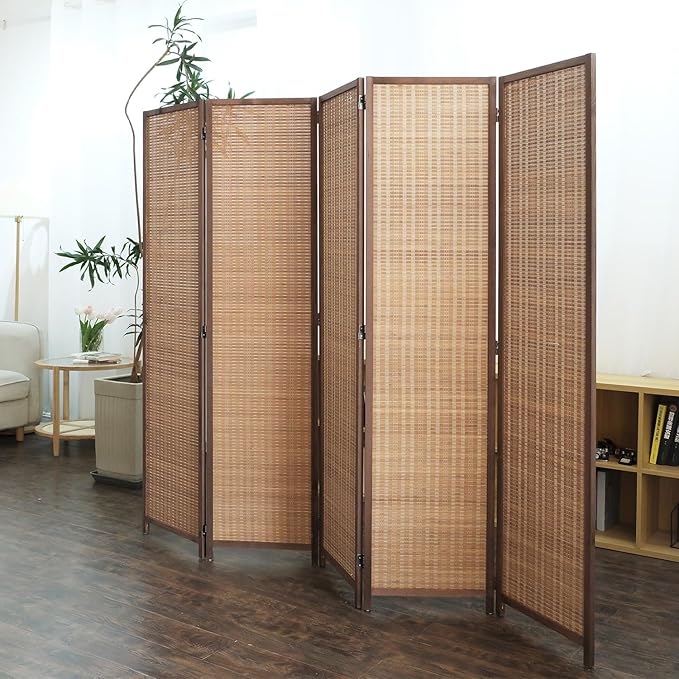 Furnnylane 5 Panel Bamboo Room Divider - 5.6 ft Tall Folding Privacy Screen for Room Separation, Natural Brown Freestanding Partition Wall for Home Office (67" H x 76.75" W)