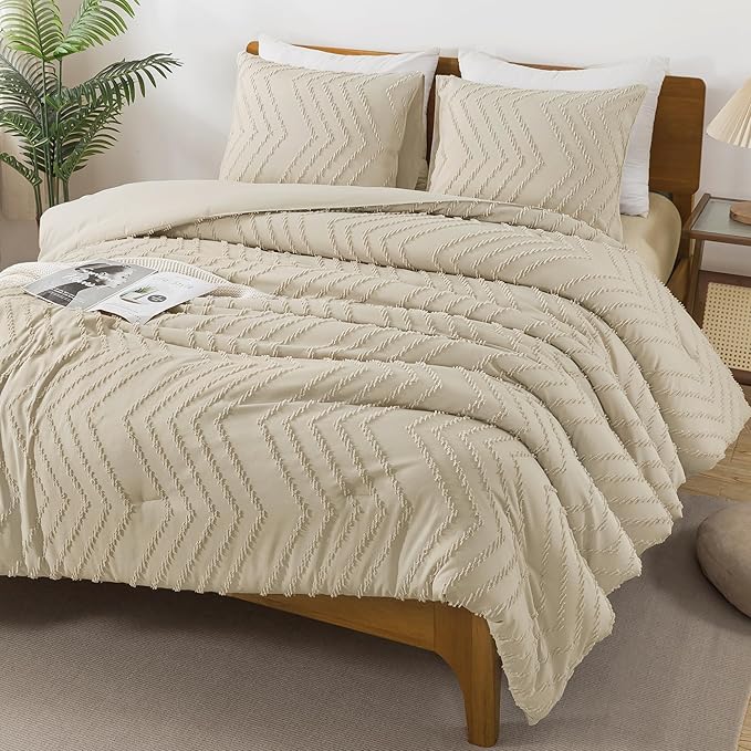 Andency Light Khaki California King Comforter Set, Boho Cal King Soft Warm Tufted Neutral Bedding Comforter Sets, 3 Pieces Cali King Aesthetic Chevron Farmhouse Cute Bohemian Textured Bedding Set