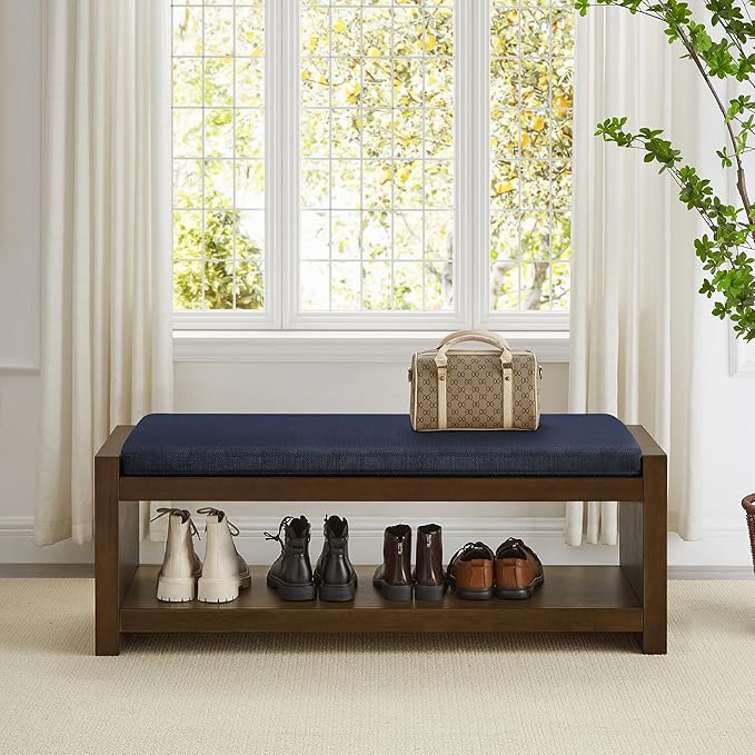 Accent Bench with Lower Shelf Shoe Rack, Padded Seating Bench for Living Room, Modern Compact Bed End Bench with Storage for Bedroom Seating, Removable Cushion (Navy Blue, 47" L)