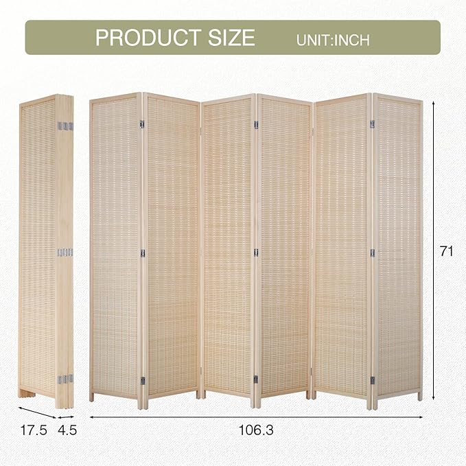 Bamboo Room Divider 6 ft. Folding Privacy Screen 6 Panel Room Separating Wide Partition Foldable Panel Wall Divider Double Hinged Room Dividers for Livingroom Bedroom, Natural