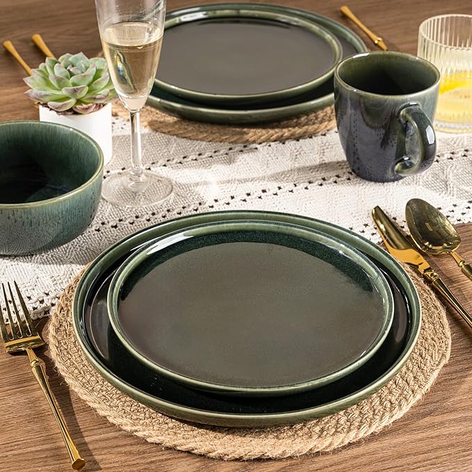 GBHOME Ceramic Dinnerware Sets for 4, 12 Pieces Stoneware Plates and Bowls Sets, Scratch Resistant Dishes, Dishwasher & Microwave Safe, Reactive Glaze-Earth Green