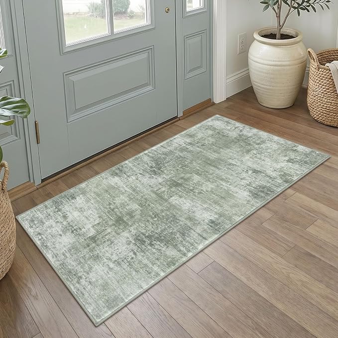 IOHOUZE Abstract Runner Rug 2x4 Ft Entryway Rugs Washable Door Mat Indoor Entrance, Rubber Backed Entryway Runners, Printed Faux Wool Non Slip Floor Carpet for Foyer Front Door Sink, Sage Green