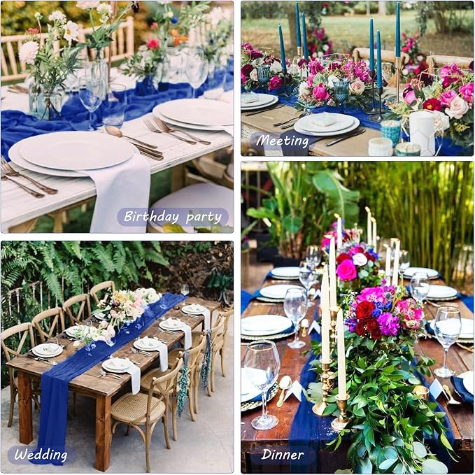 12 Pack 10Ft Cheesecloth Table Runner 35x120 Inch Boho Gauze Table Runner Rustic Cheese Cloth Long Romantic Table Runners for Wedding Bridal Shower Birthday Party Table Decor (Royal Blue)